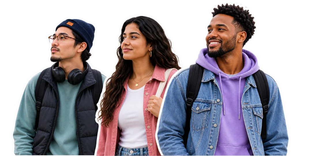 Three young adults with backpacks, looking ahead